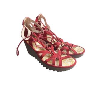 Fly London Red Lace-Up Wedge Sandals Women’s Size 6 EU 36 Comfort Platform